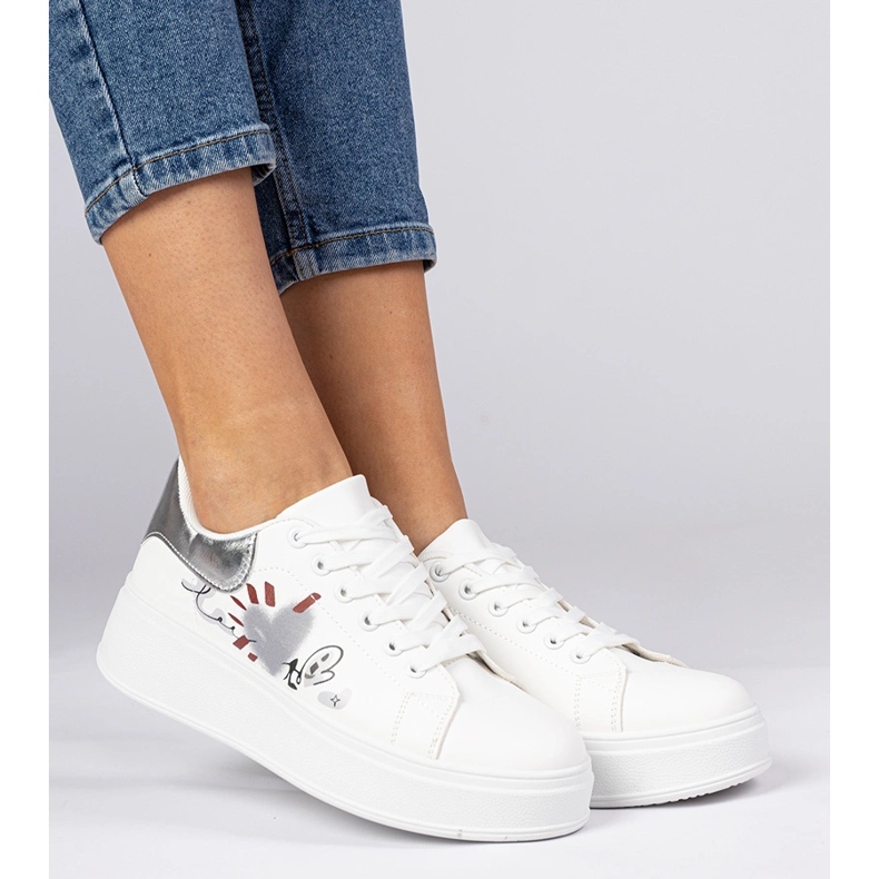 Valkoiset ja hopea -lenkkarit naisten urheilun lenkkarit painetulla valkoinen 2