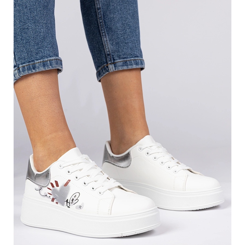 Valkoiset ja hopea -lenkkarit naisten urheilun lenkkarit painetulla valkoinen 1