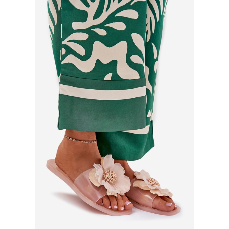 Läpinäkyvät litteät naisten flip flops keinotekoisella alastonkukkalla beige 1