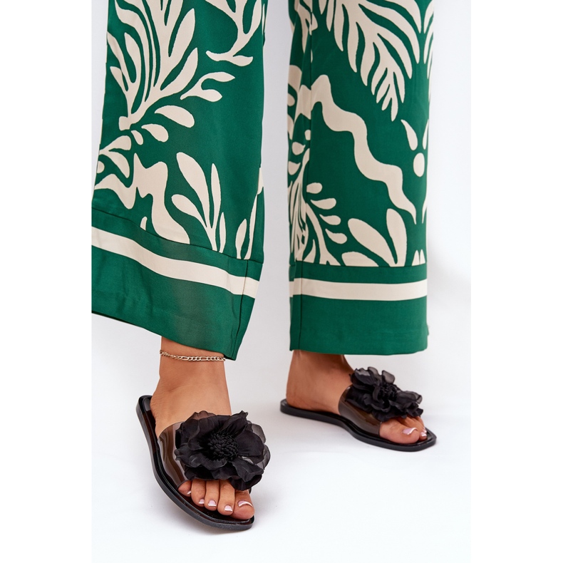 Läpinäkyvät litteät naisten flip flops keinotekoisella kukka mustalla 2