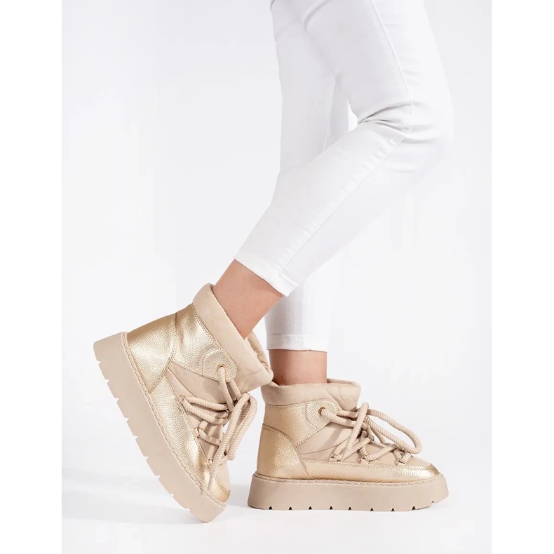 Vaalean beigenväriset naisten nauhalliset lumisaappaat, joissa paksu pohja 2