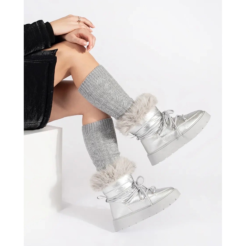 Hopeiset naisten lumisaappaat, joissa paksu pohja hopea 1