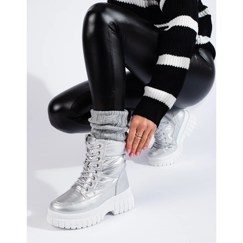 Hopeiset naisten lumisaappaat nauhoilla hopea 1