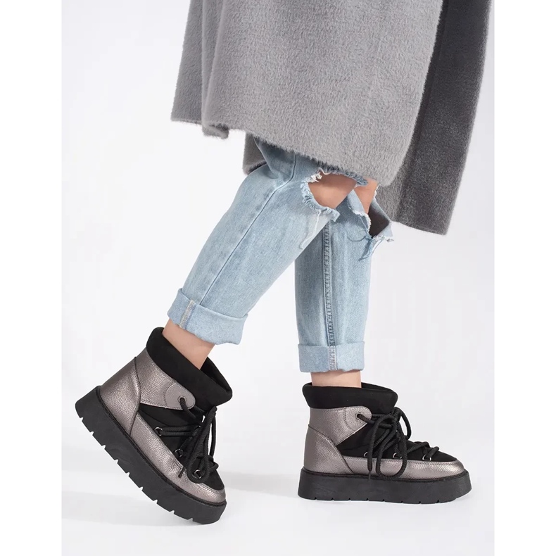 Naisten mustat ja hopeiset nauhalliset lumisaappaat, joissa paksu pohja 2