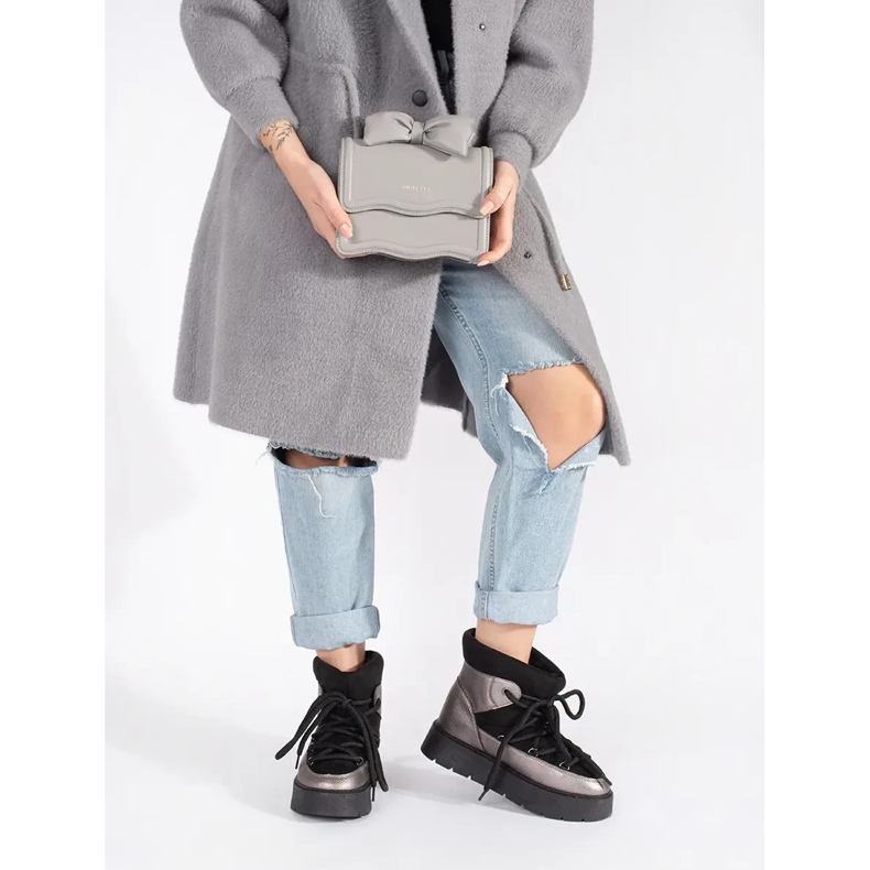 Naisten mustat ja hopeiset nauhalliset lumisaappaat, joissa paksu pohja 1