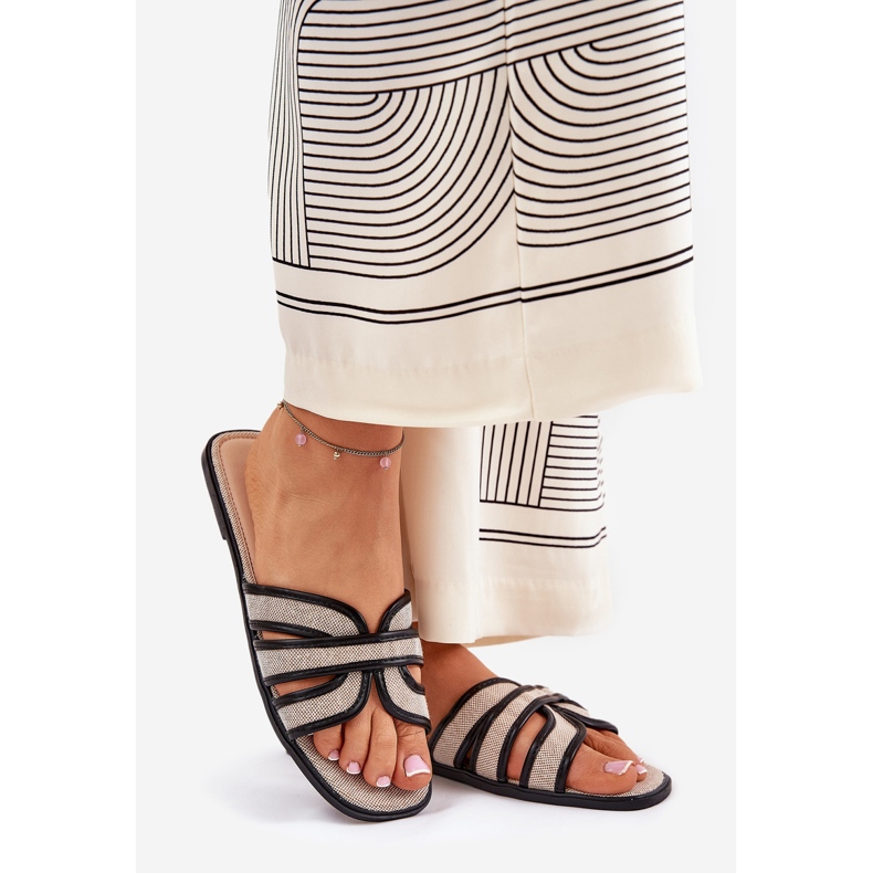 Klassiset naisten litteät beige-mustat flip flops 1