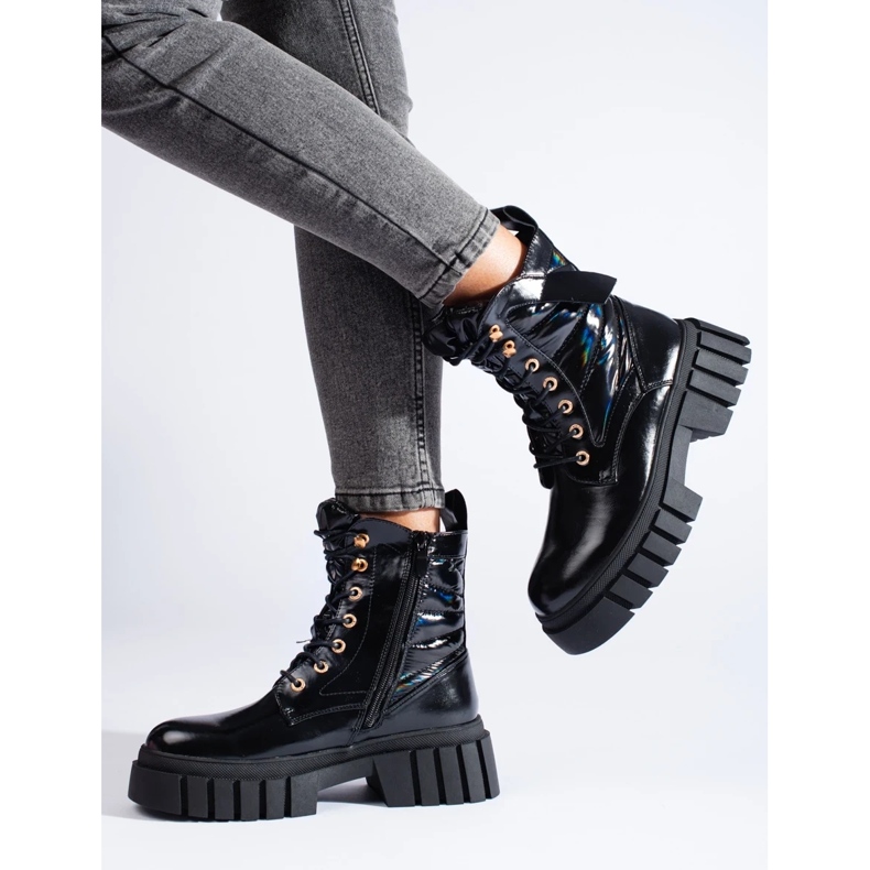 Mustat naisten työläiskengät paksulla pohjalla 1