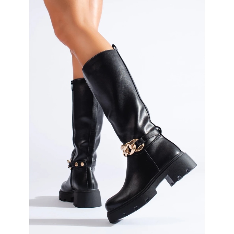 Naisten saappaat, joissa ketju on valmistettu ekologisesta nahasta musta 2