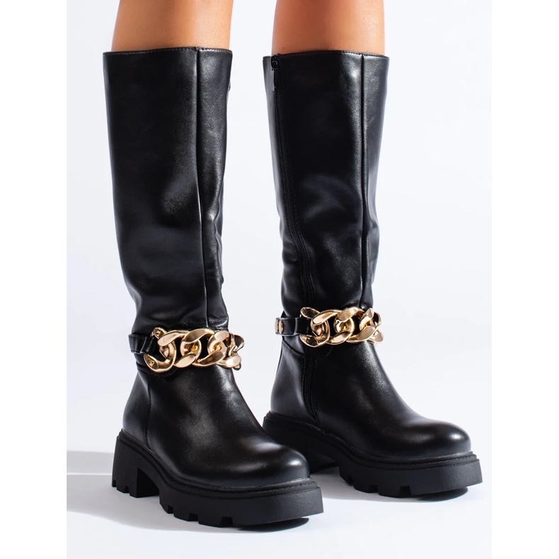 Naisten saappaat, joissa ketju on valmistettu ekologisesta nahasta musta 1