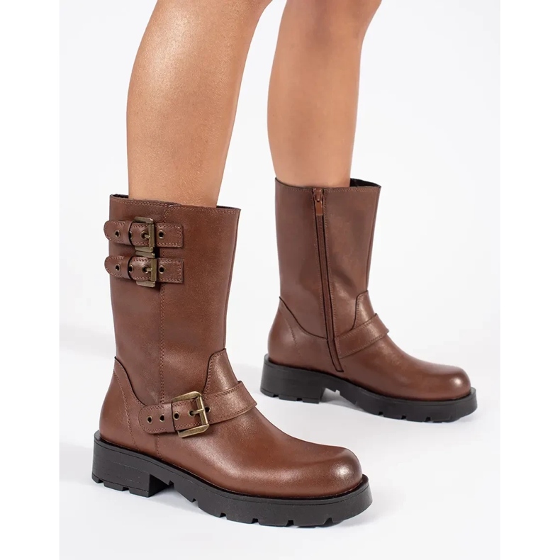 Ruskeat nahkaiset naisten nilkkurit alustalla koristeltu Sergio Leonen raidoilla 1