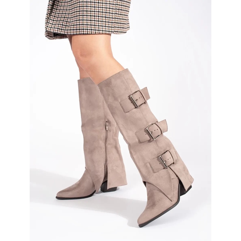 Seastar Beiget mokkanahkaiset naisten korkeakorkoiset saappaat soljilla 2