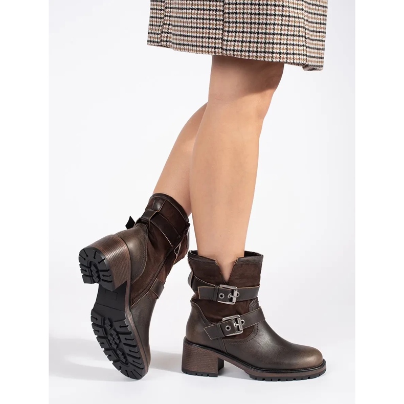 Ruskeat naisten korkeakorkoiset nilkkurit, joissa soljet 1