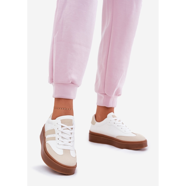 Naisten lenkkarit laiturilla ekologisella nahkalla beige ja valkoinen 1