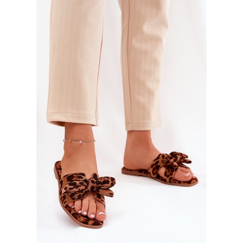 Litteät naisten flip flops kanssa keulaleopardin keula ruskea 2