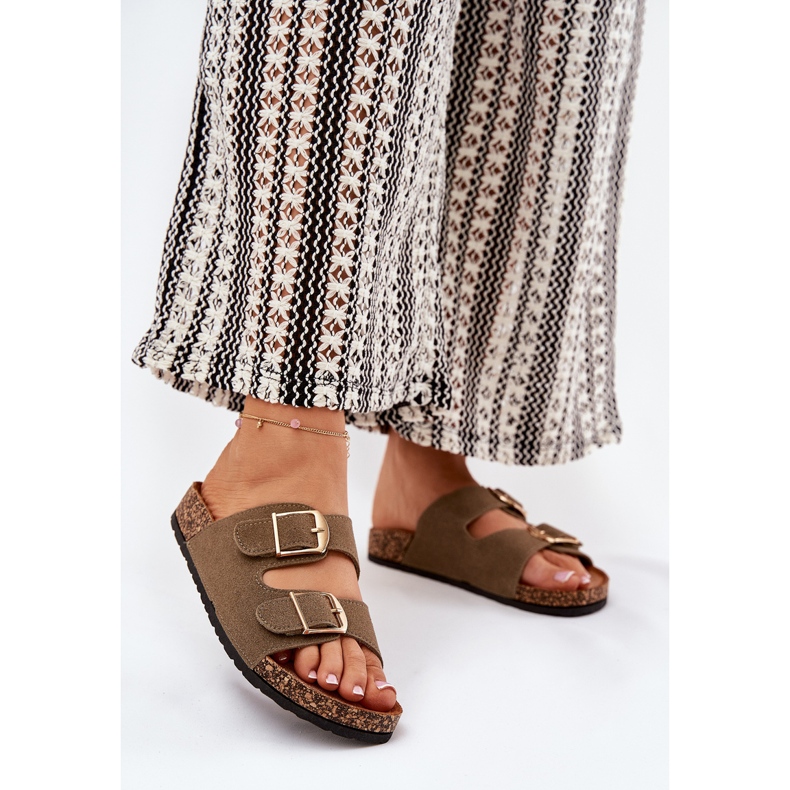 Naisten flip flops korkki -alustalla, jossa on kultaiset soljet vihreitä vihreä 2