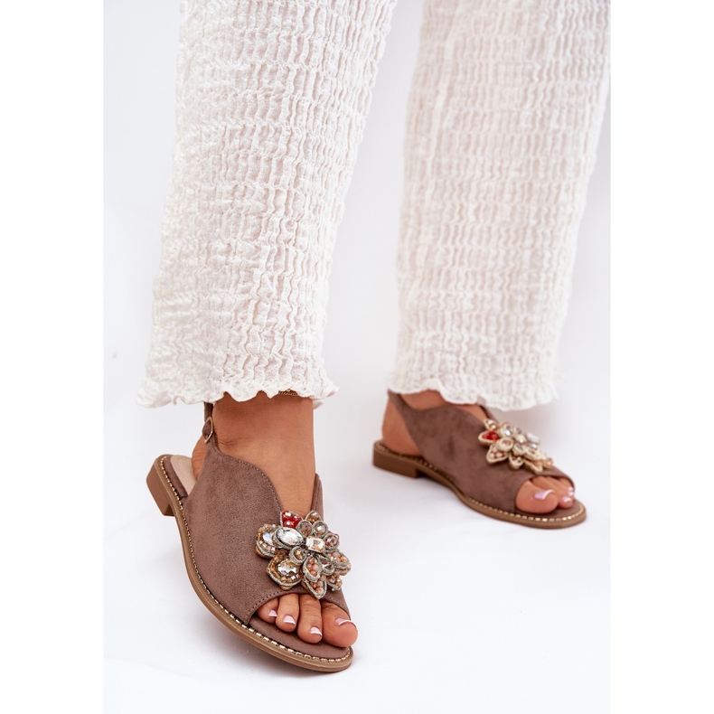 S.Barski Litteä kantaiset naisten sandaalit, joissa on S. Barski KV27-001 -koriste pimeä beige 2