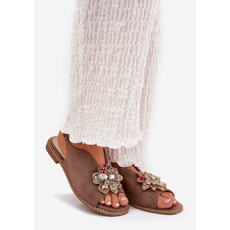 S.Barski Litteä kantaiset naisten sandaalit, joissa on S. Barski KV27-001 -koriste pimeä beige 1