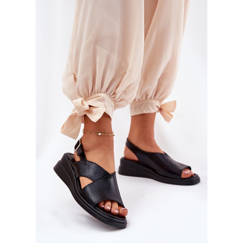 Jezzi Maalatut naisten sandaalit kiilalla ekoahkalla musta nahka 2