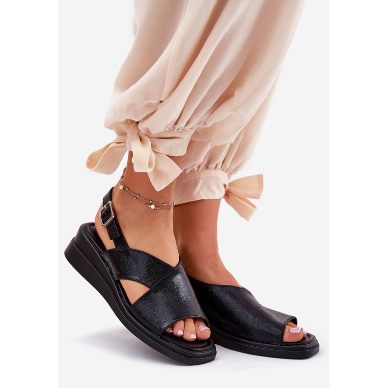 Jezzi Maalatut naisten sandaalit kiilalla ekoahkalla musta nahka 1