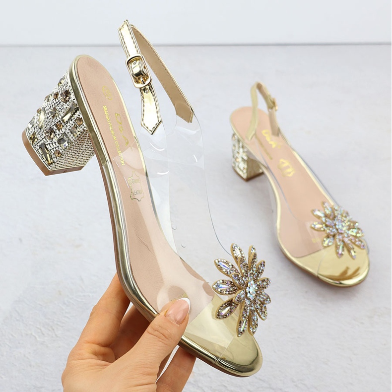 S.Barski Läpinäkyvät naisten sandaalit postitse Zirkons Złote D&amp;A: n kanssa, kirjoittanut S. Barski MR51-002 kultainen 1