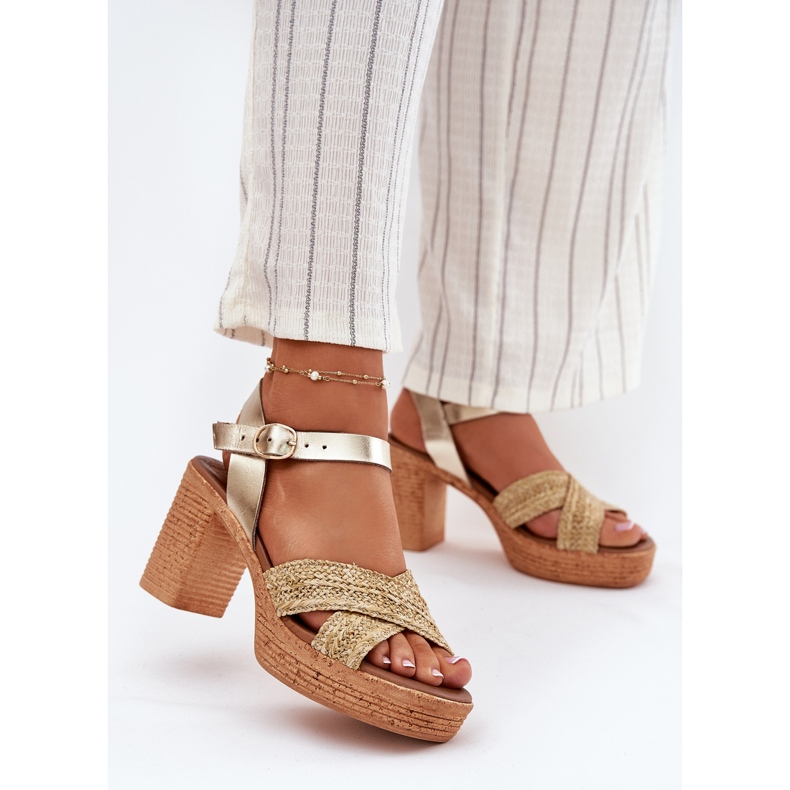 Nahka -sandaalit pylväällä punoksella Zazoo 40460 kultaraidat kultainen 2