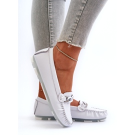 Naisten nahkaiset mokasiinit koristeella, valkoinen S.Barski LR339 3