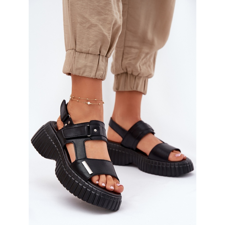 EVento Naisten nahka sandaalit lavalla musta 2