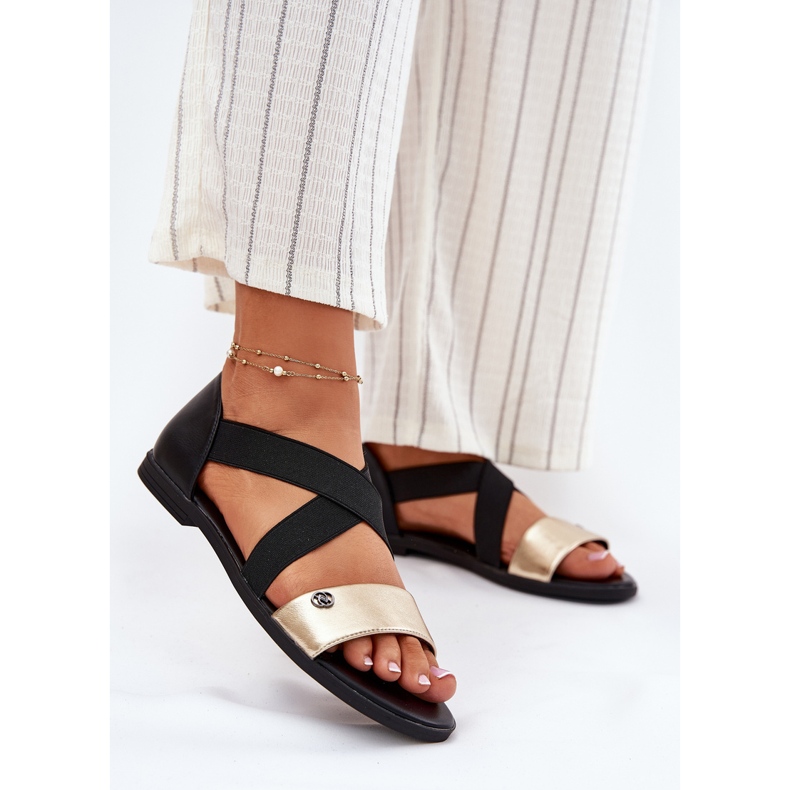 EVento Litteät naisten sandaalit, joissa on joustavat mustat ja kultaiset raidat 2