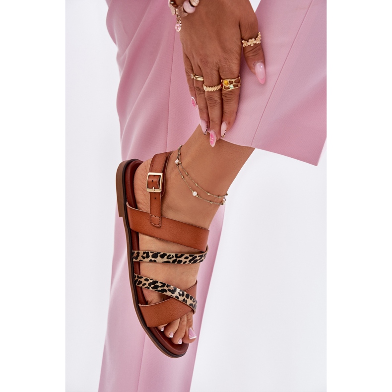 Flat -Proted Naisten sandaalit leopardleopardilla Sergio Leone SK086H Camel -raidat ruskea 2