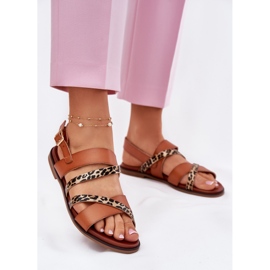 Flat -Proted Naisten sandaalit leopardleopardilla Sergio Leone SK086H Camel -raidat ruskea 3