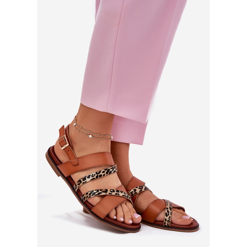 Flat -Proted Naisten sandaalit leopardleopardilla Sergio Leone SK086H Camel -raidat ruskea 1