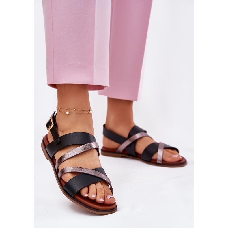 Litteät naisten sandaalit Sergio Leone SK086H -raidat mustat 2