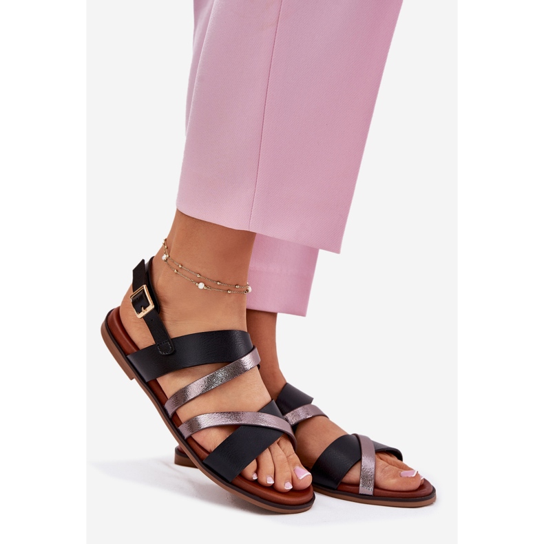 Litteät naisten sandaalit Sergio Leone SK086H -raidat mustat 1