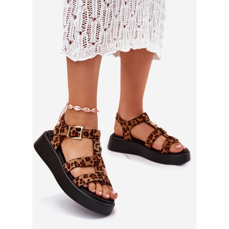 Naisten sandaalit laiturilla kultaisella yksityiskohtaisella leopardilla ruskea 1