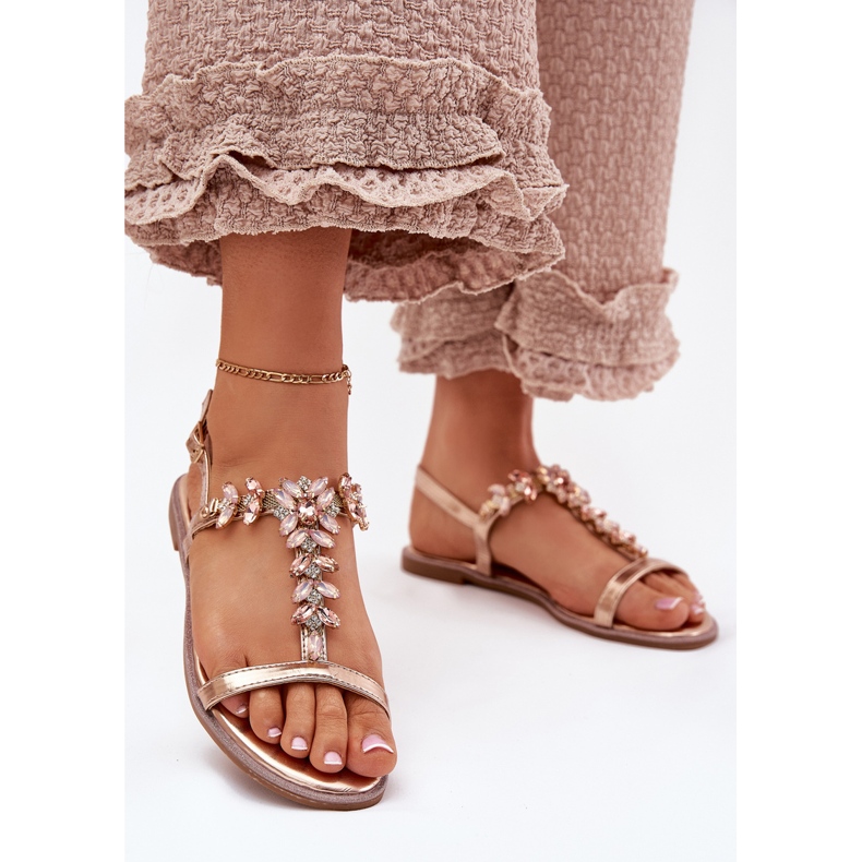 Litteät naisten sandaalit, joissa on kiteet vaaleanpunainen kulta kultainen 2
