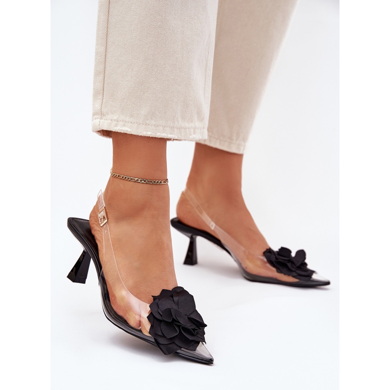 Läpinäkyvät sandaalit korkopäällä koristeellinen kukka musta 2
