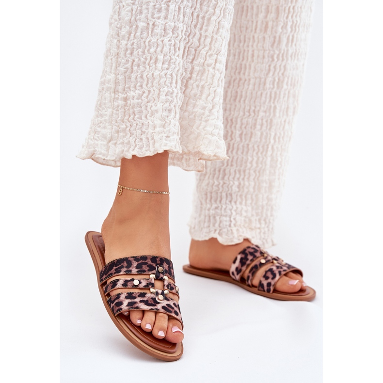 Litteät naisten flopsit kultaisella yksityiskohtaisella leopardilla ruskea 2