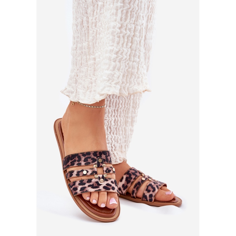 Litteät naisten flopsit kultaisella yksityiskohtaisella leopardilla ruskea 1