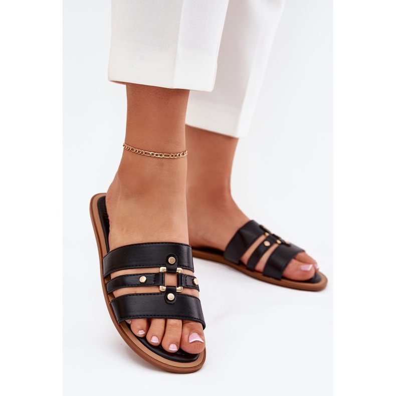 Litteät naisten flip flops kultaisella yksityiskohtaisella mustalla 2