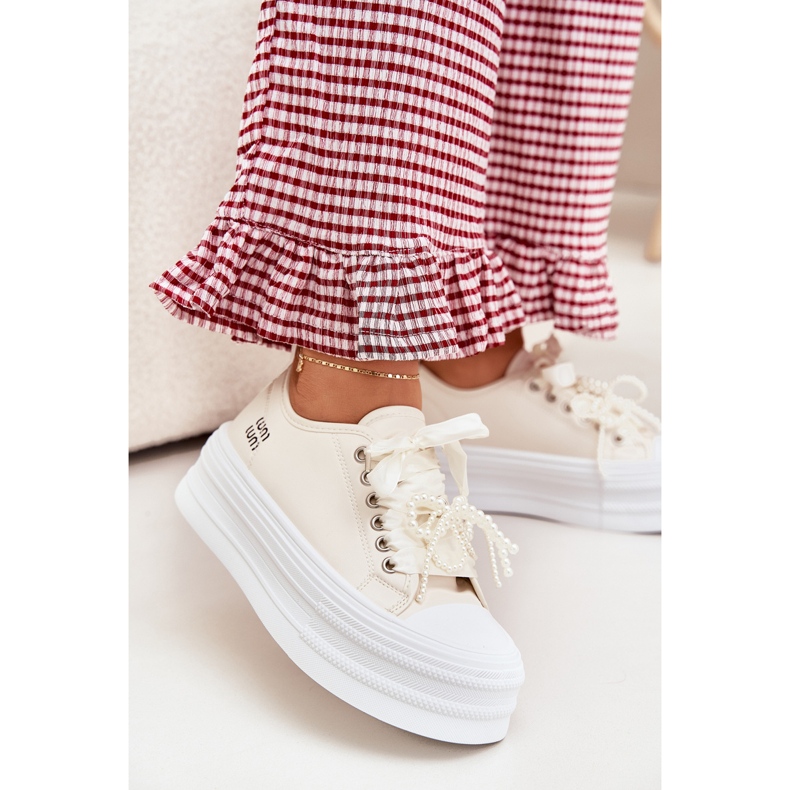 Naisten lenkkarit laiturilla koristeellisella nauhalla beige 2