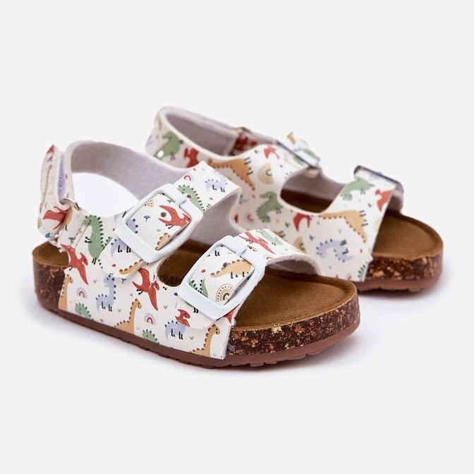 Lasten sandaalit korkkipohjassa soljet dinosaurukset moniväriset valkoinen 1
