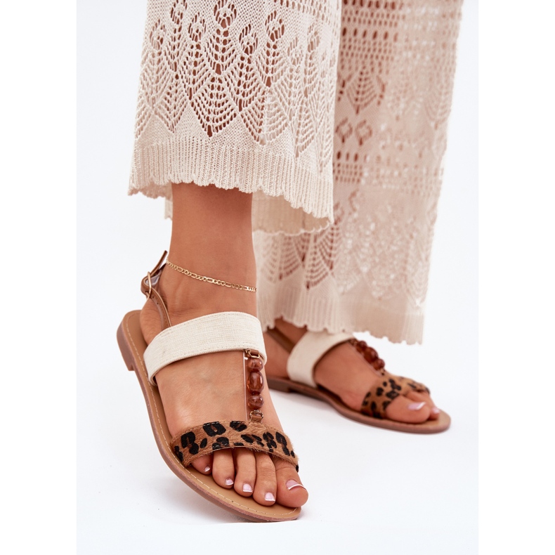 Litteät naisten sandaalit, joissa on helmiä ruskea leopardipainatus 2