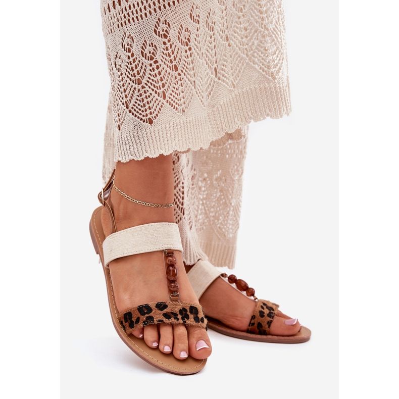 Litteät naisten sandaalit, joissa on helmiä ruskea leopardipainatus 1