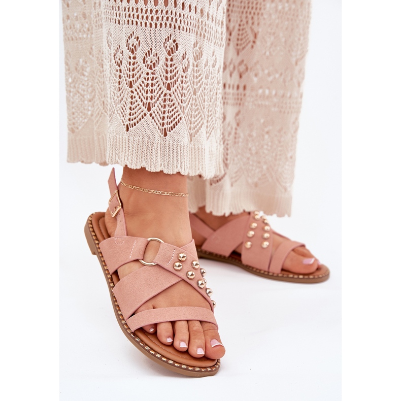 Litteät naisten sandaalit, joissa kultaiset nastat ovat vaaleanpunaisia vaaleanpunainen 2