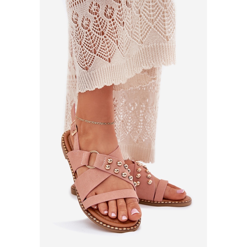 Litteät naisten sandaalit, joissa kultaiset nastat ovat vaaleanpunaisia vaaleanpunainen 1