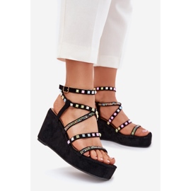 Naisten sandaalit kiilaa varten koristeella raidat mustat 1