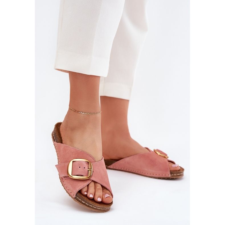 Nahkainen flops, jossa kultainen puristus Maciejka 07000-15 vaaleanpunainen 2