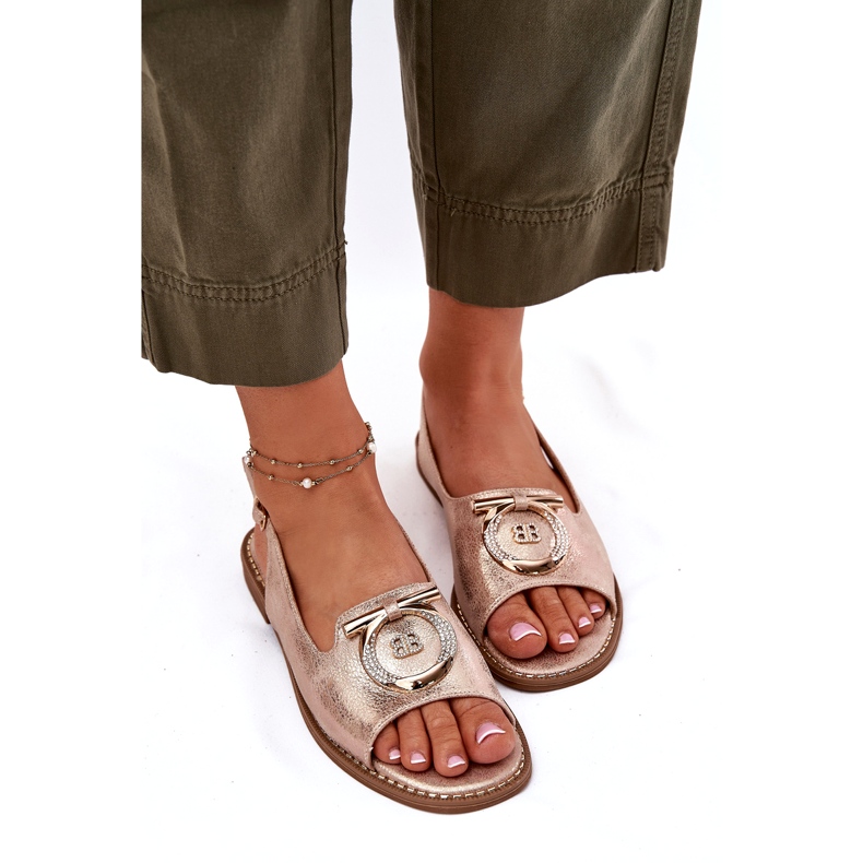 Tyylikkäät naisten sandaalit, joissa on litteä koristelu S.Barski Kv51-003 Pink Gold kultainen 4