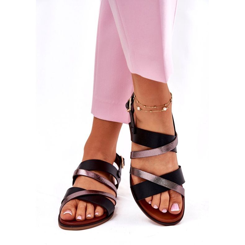 Litteät naisten sandaalit Sergio Leone SK086H -raidat mustat 1