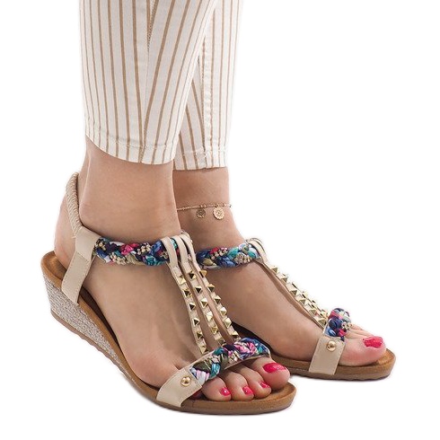 Beige kiila sandaalit B132-5 nastoilla ruskea monivärinen 1